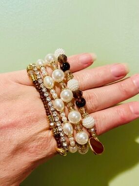 Fashion Pearl and Brown Bead Stackable Bracelet Set